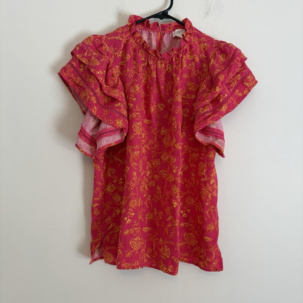 Oddi Small Rayon Blouse Ruffle Sleeve High‎ Neck Pink Orange Floral Feminine